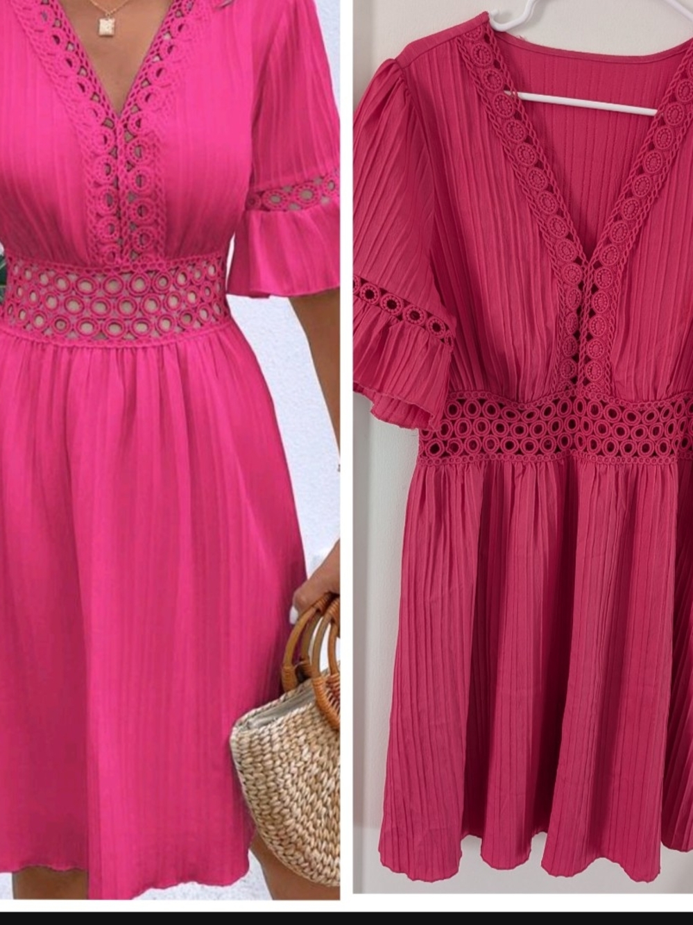 SHEIN Hot Pink Eyelet-Waist Midi Dress